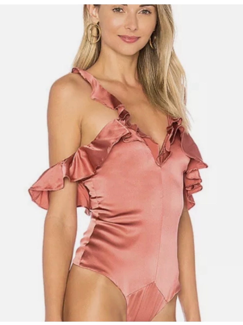 Satin Ruffle Cold-Shoulder Bodysuit in Dusty Rose - Picture 3 of 10
